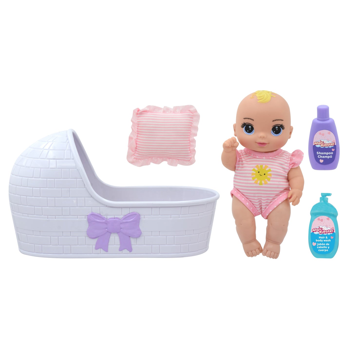 בובת תינוק 20 סמ עם עריסה ואביזרים