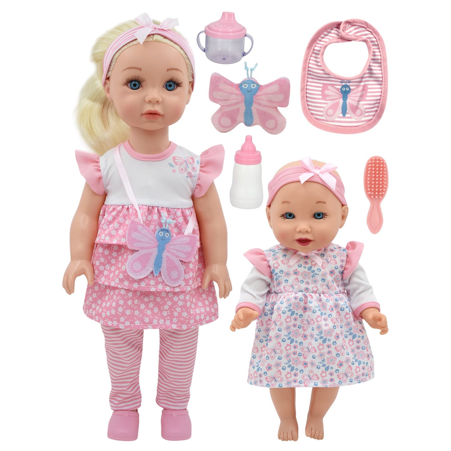 זוג בובות אחיות מדברות עם אביזרים