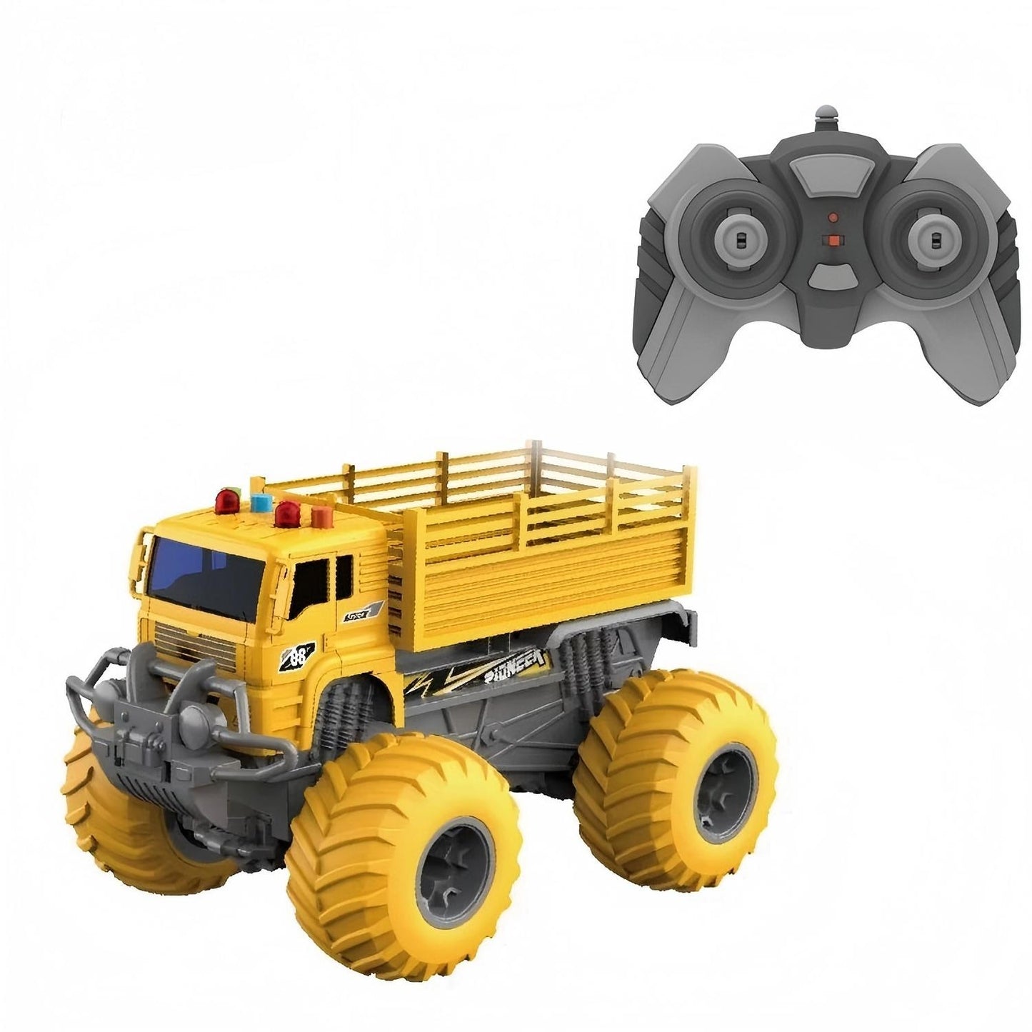 משאית בנייה צהובה עם אורות וצלילים