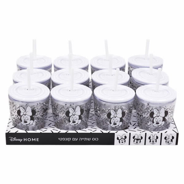 כוס שתייה עם קשית וקונפטי מיני מאוס לבן