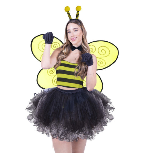 סט דבורה טופ, חצאית 40 ס"מ, כנפיים, קשת, פפיון וכפפות