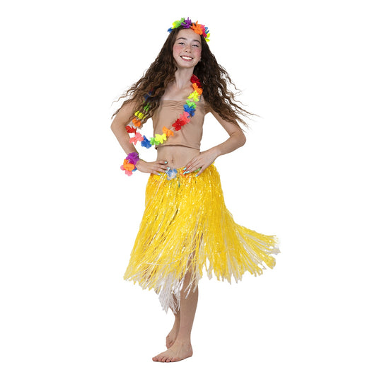 סט מלכת הוואי טופ, חצאית 60 ס"מ, כתר ושרשרת פרחים