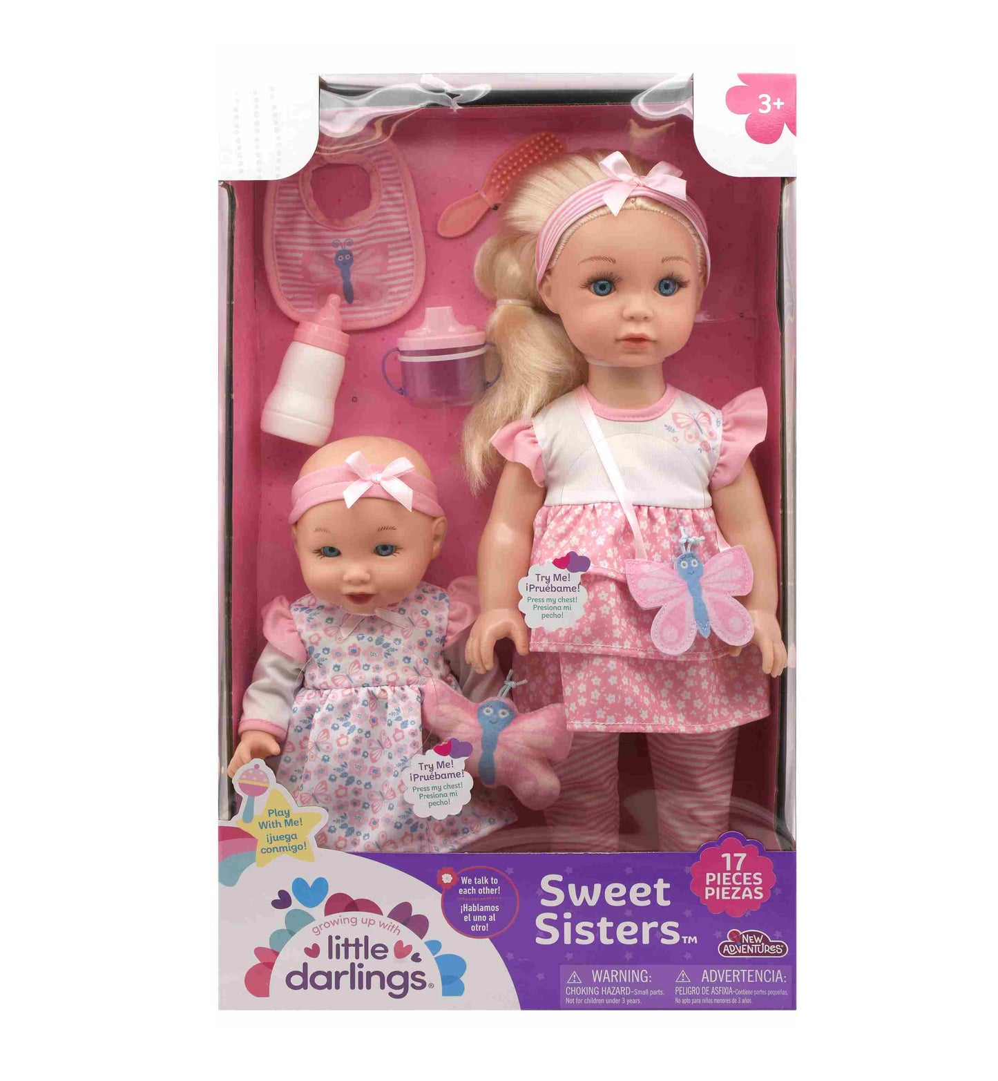 זוג בובות אחיות מדברות עם אביזרים