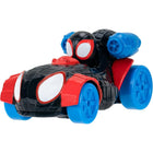 Spidey in a black Spider-Man car