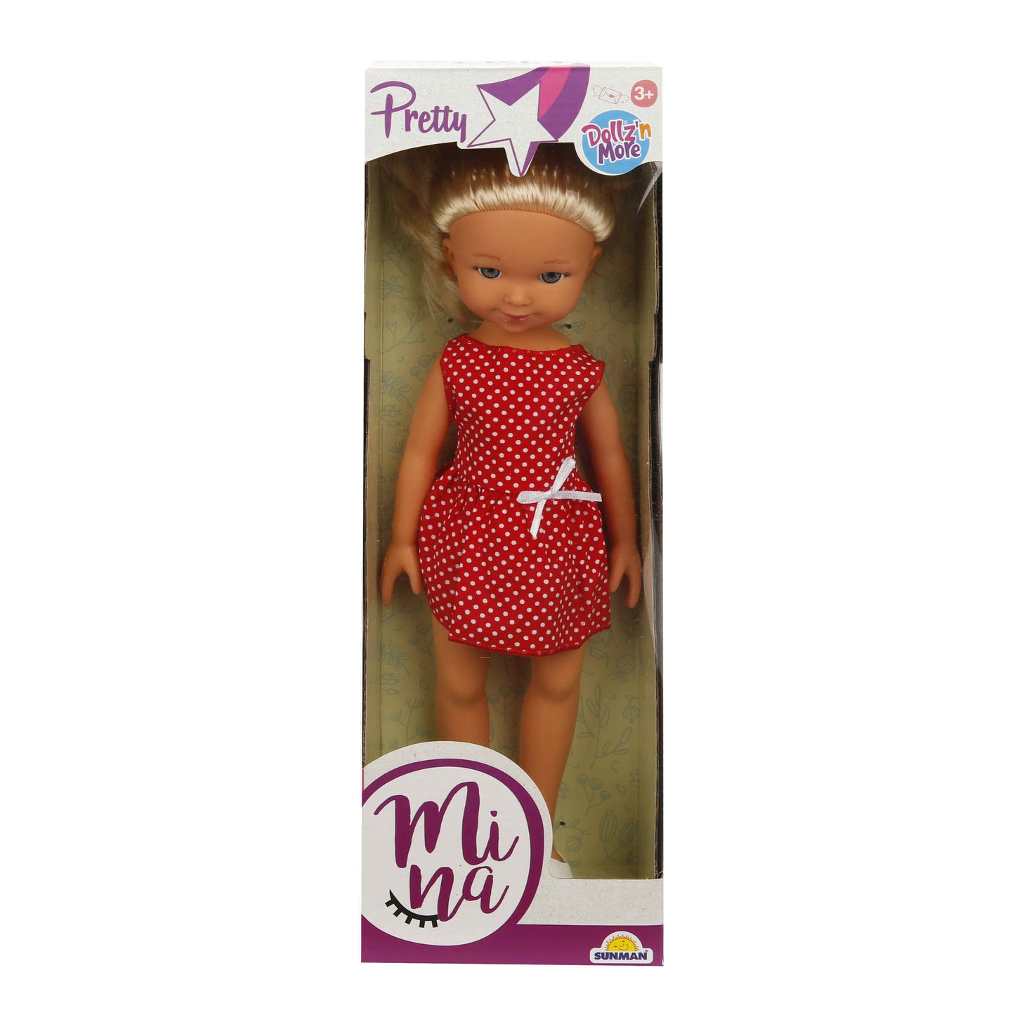 בובה מינה היפה 35 סמ שמלה נקודות