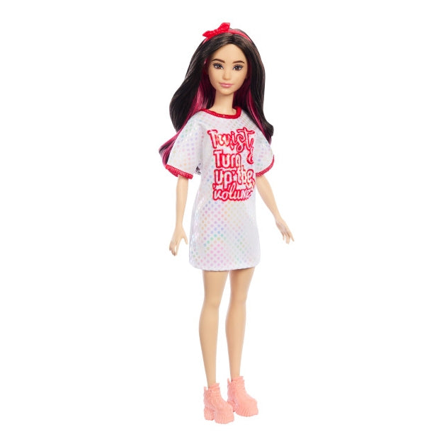 ברבי פאשניסטה שמלת רשת לבנה עם הדפס אדום