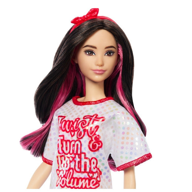 ברבי פאשניסטה שמלת רשת לבנה עם הדפס אדום