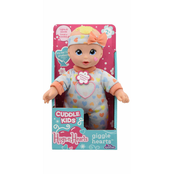 Laughing baby doll, 20 cm, blue hearts overall