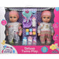 זוג בובות תאומות 38 סמ עם מגוון אביזרים
