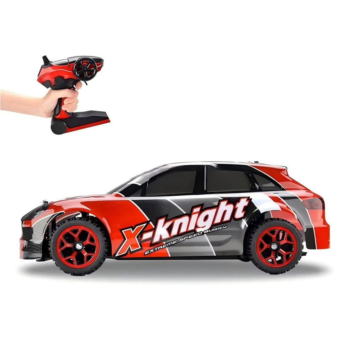 מכונית מירוץ אדומה על שלט 1:18