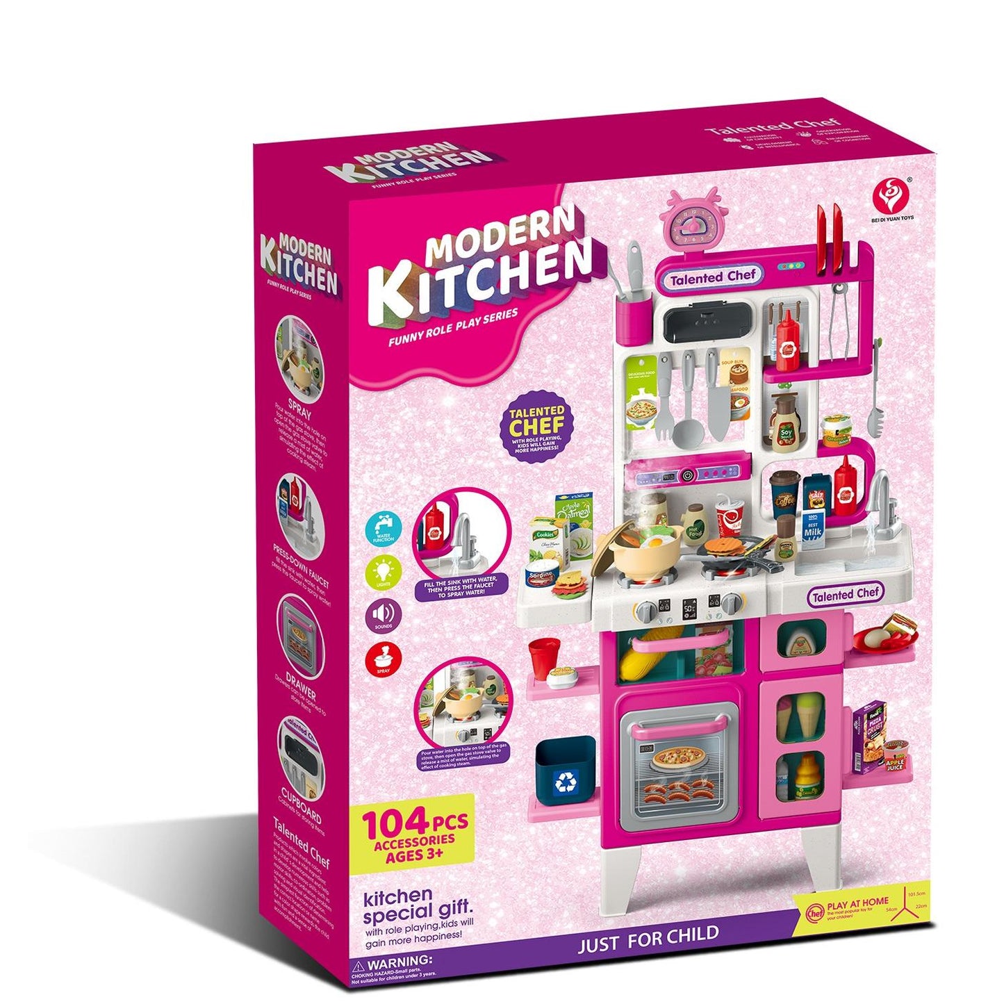 מטבח ורוד לילדים התזה עם אור וצליל 104 חלקים