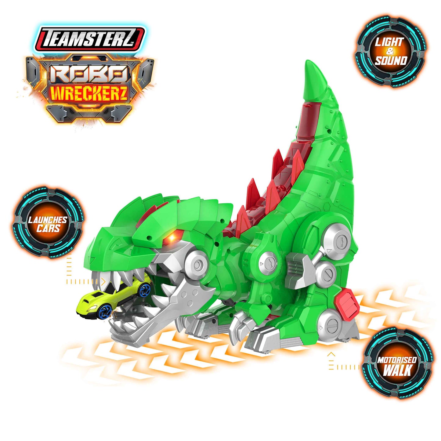 מגה רקס ירוק עם אורות וצלילים ומכונית
