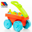 A red children's trolley with cubes