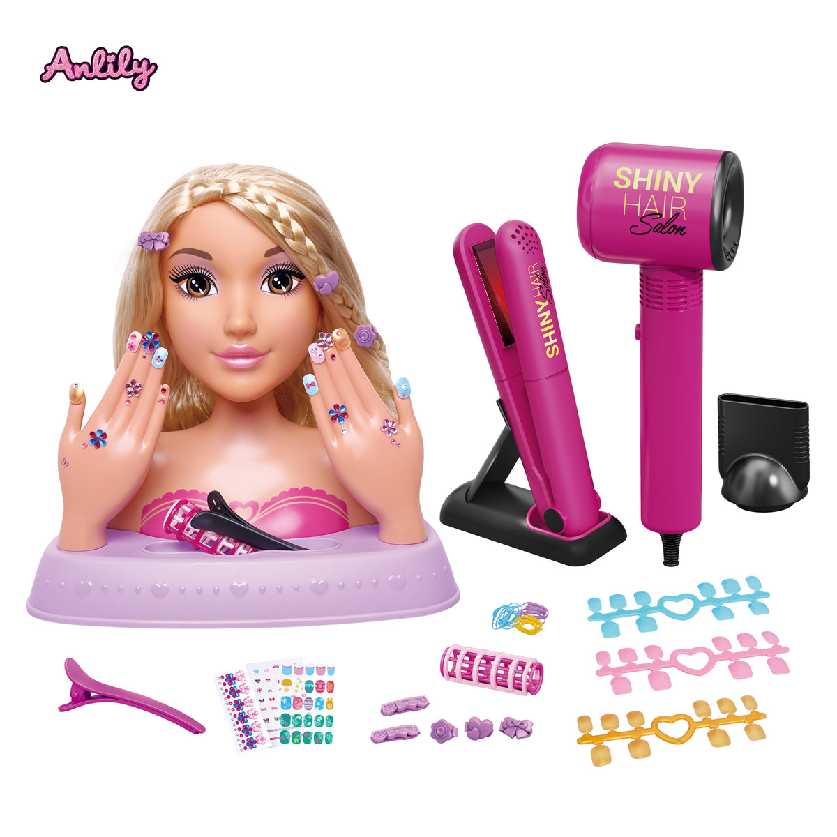 Styling head with hair and nail design accessories
