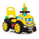 Yellow truck-shaped ride-on toy with 10 blocks