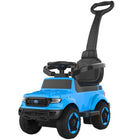 Push-along car with a blue push handle, light, and sound