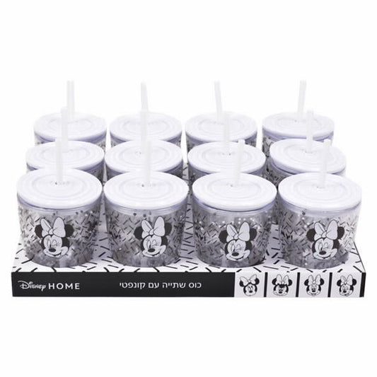 כוס שתייה עם קשית וקונפטי מיני מאוס לבן