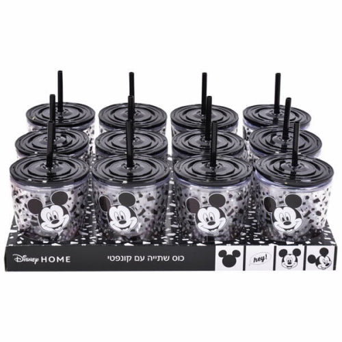 כוס שתייה עם קשית וקונפטי מיקי מאוס שחור
