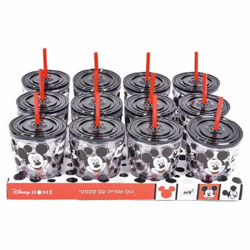 כוס שתייה עם קשית וקונפטי מיקי מאוס אדום לבן