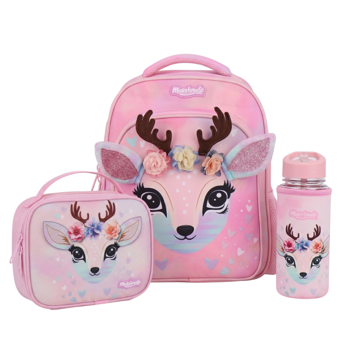 Pink Floral Deer Kindergarten Bag Set