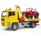 A truck towing a Jeep man