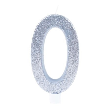 נר גדול ספרה 0 מנצנץ כסף מעמד לבן