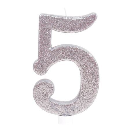 נר גדול ספרה 5 מנצנץ כסף מעמד לבן