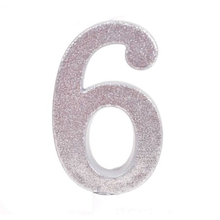 נר גדול ספרה 6 מנצנץ כסף מעמד לבן