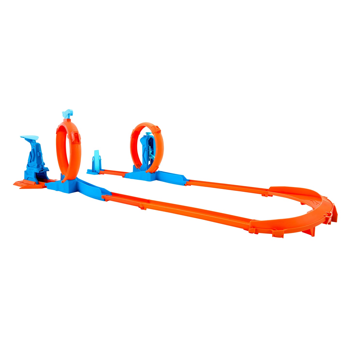 Hot Wheels tracks and connectors with three loops, including a car